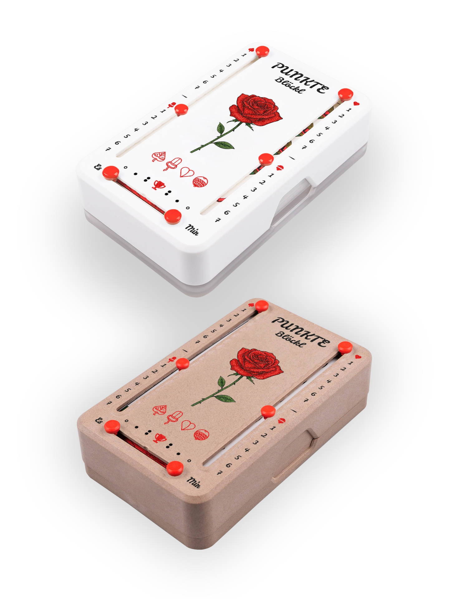 Zwei Punkteblöckl (perspektivisch fotografiert) in Kunststoff weiß und Holzoptik mit Motiv Rose.