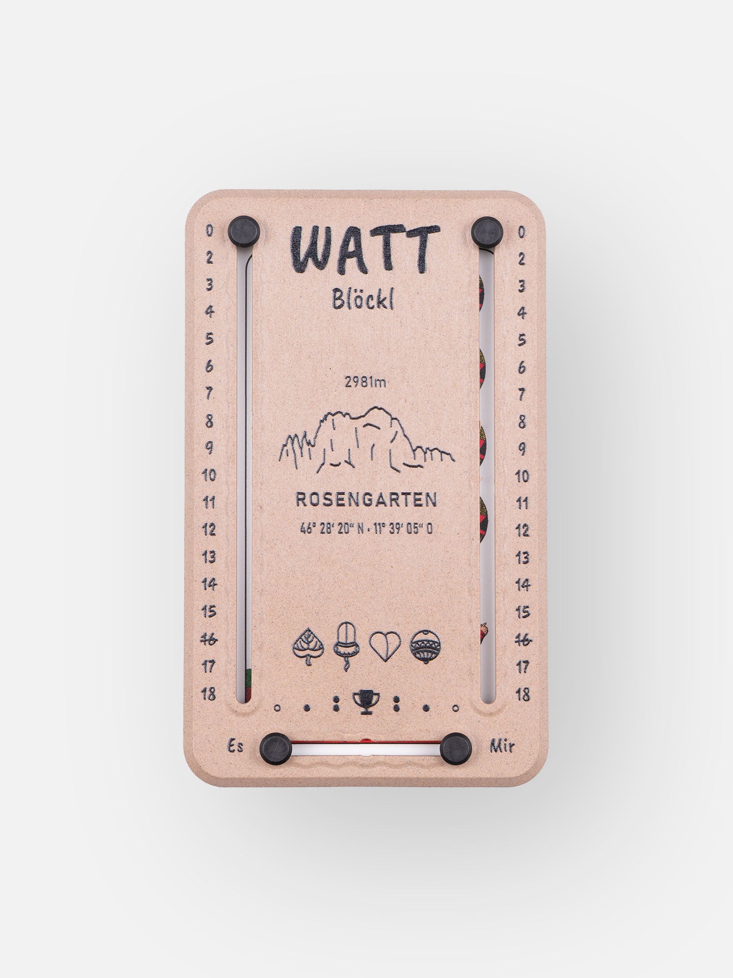 Wattblöckl in Holzoptik und schwarzen Pins - mit Rosengarten Motiv auf grauen Hintergrund.