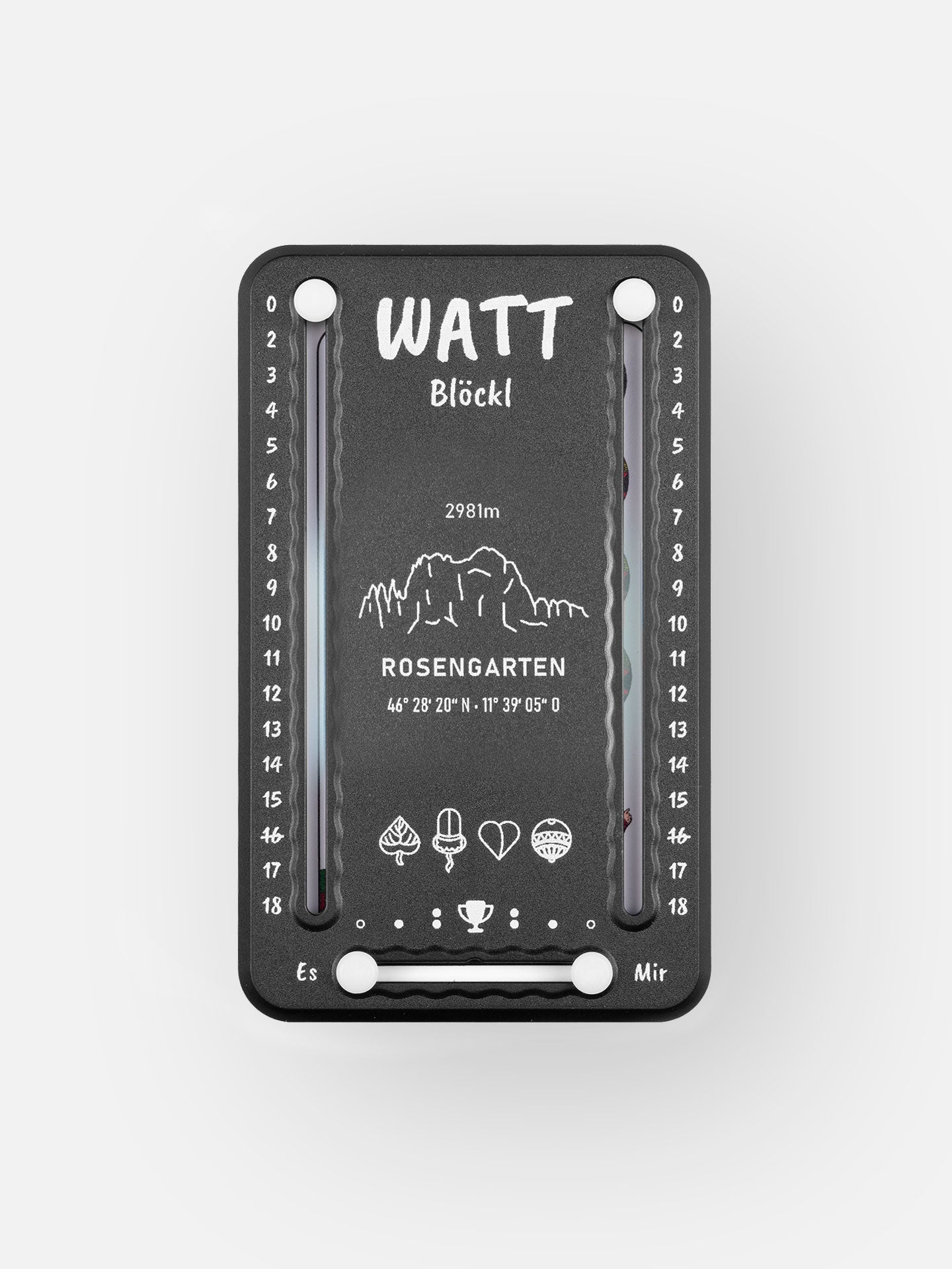 Wattblöckl aus Kunststoff in schwarz und weißen Pins - mit Rosengarten Motiv auf grauen Hintergrund.