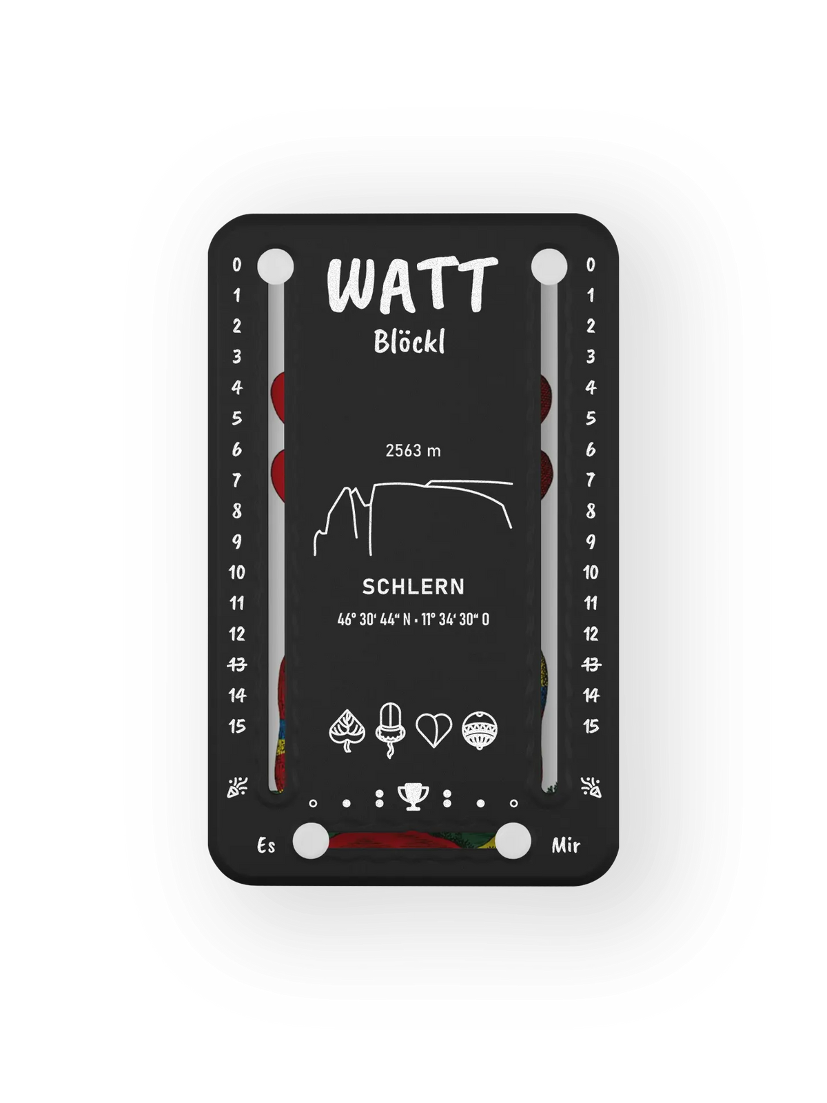 Wattblöckl bis 15 Punkte in Kunststoff schwarz und weissen Pins - mit Schlern Motiv auf transparenten Hintergrund.