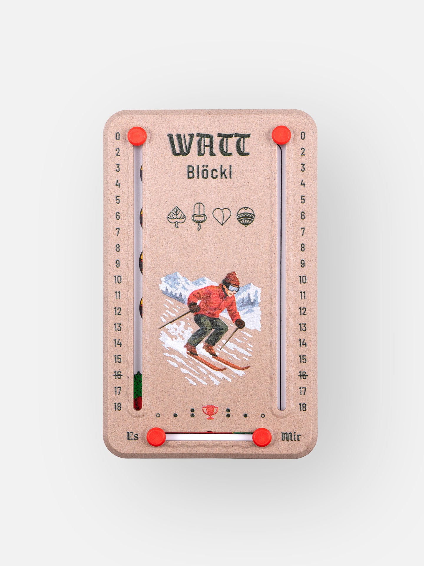 Wattblöckl in Holzoptik und roten Pins - mit Skifahrer Motiv auf grauen Hintergrund.