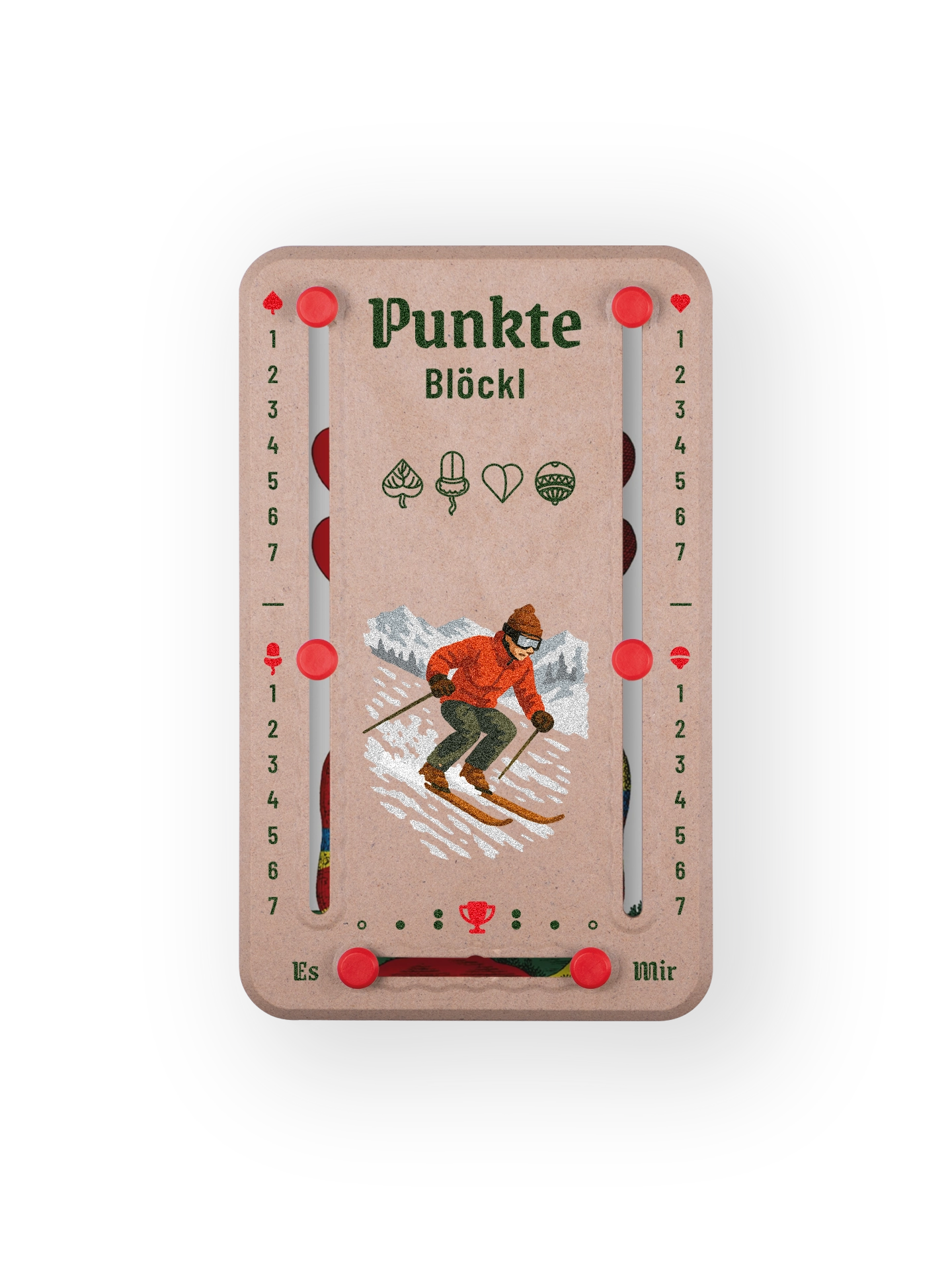 Punkteblöckl bis jeweils 7 Punkte in Holzoptik  und roten Pins - mit Skifahrer Motiv auf transparenten Hintergrund. 