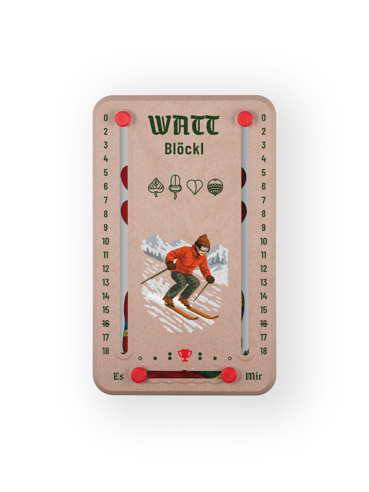 Wattblöckl bis 18 Punkte in Holzoptik und roten Pins - mit Skifahrer Motiv auf transparenten Hintergrund.