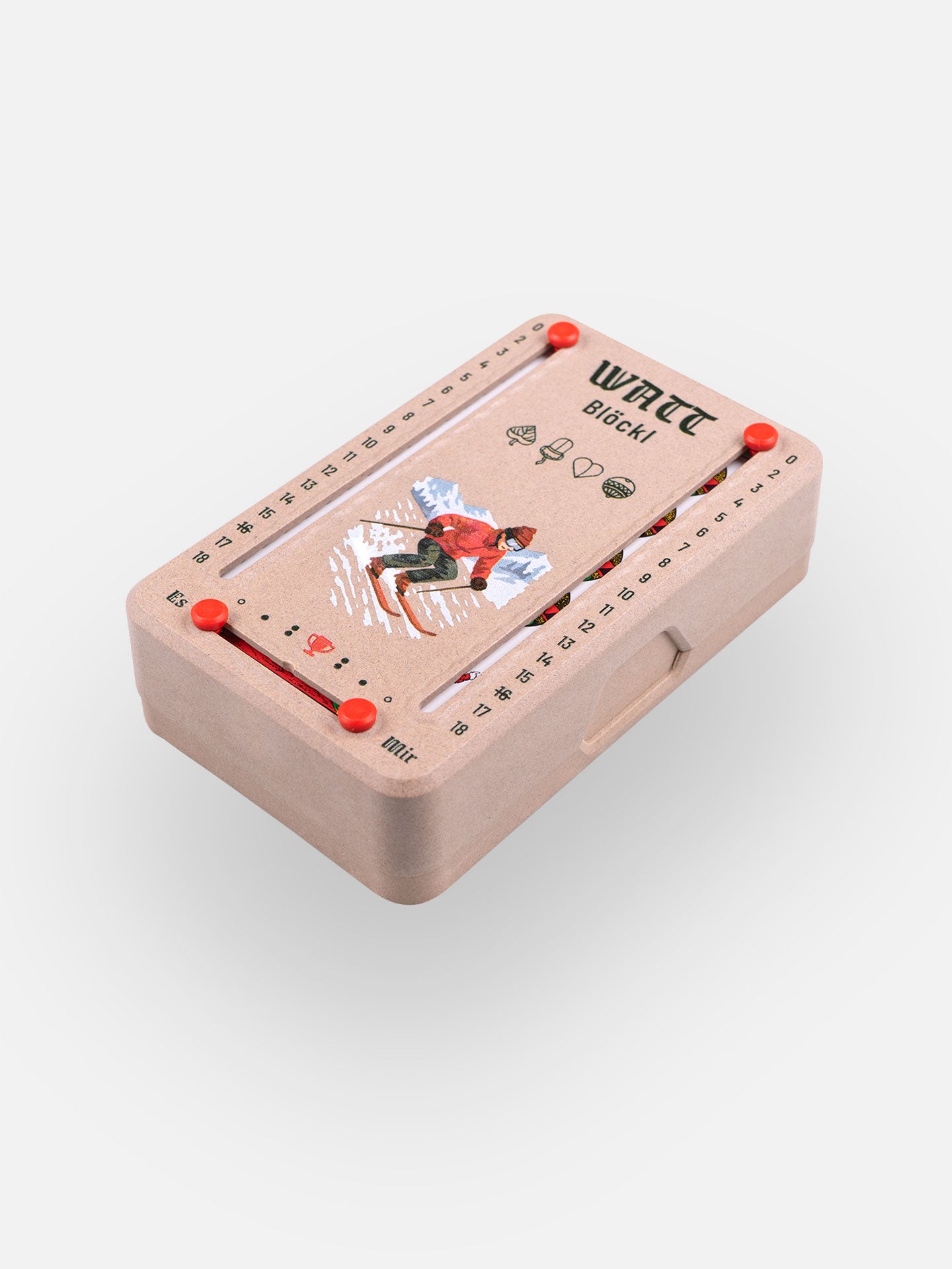 Wattblöckl (perspektivisch fotografiert) in Holzoptik mit Motiv Skifahrer.