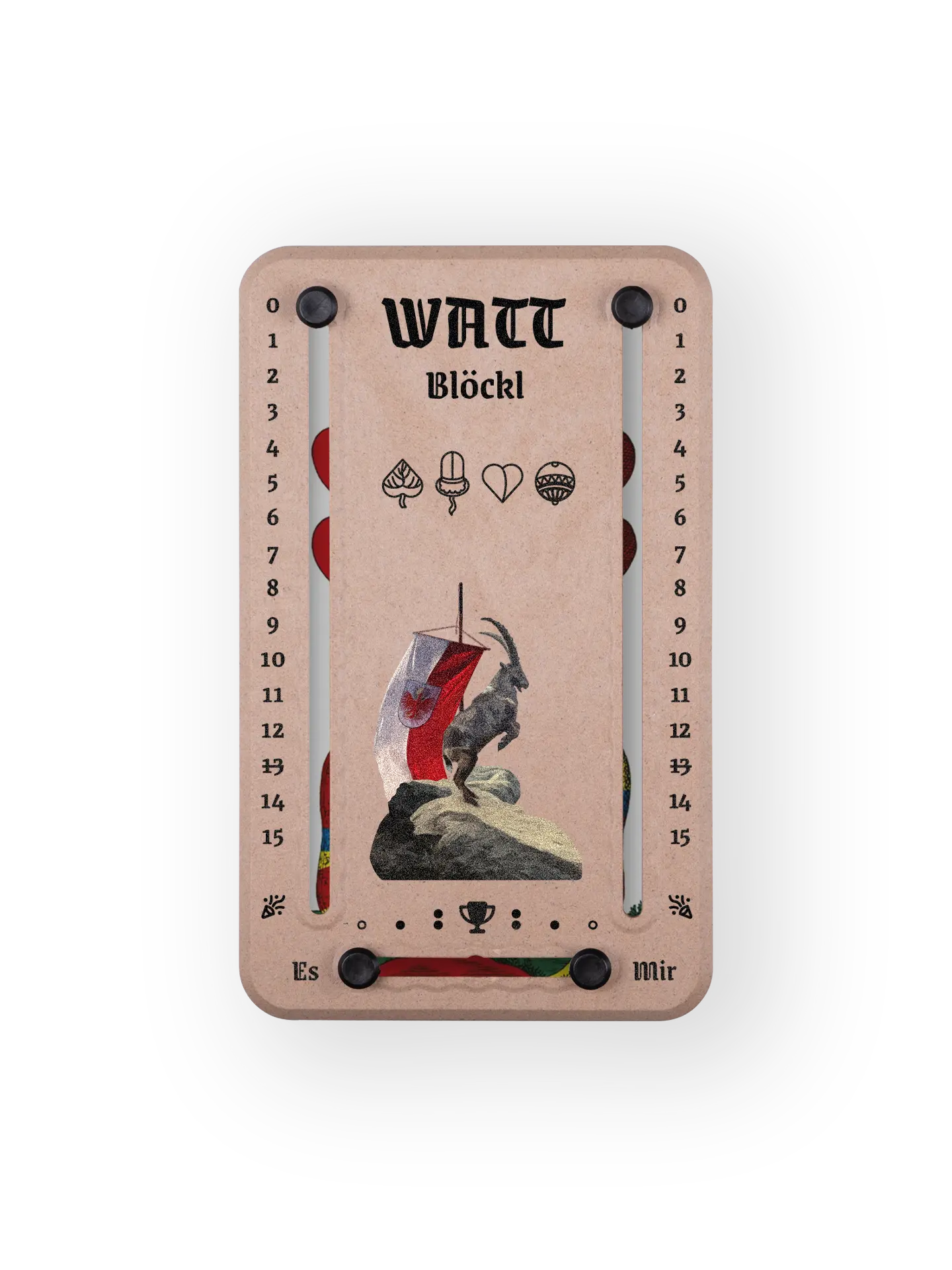 Wattblöckl bis 15 Punkte in Holzoptik und schwarzen Pins - mit Steinbock Motiv auf transparenten Hintergrund.