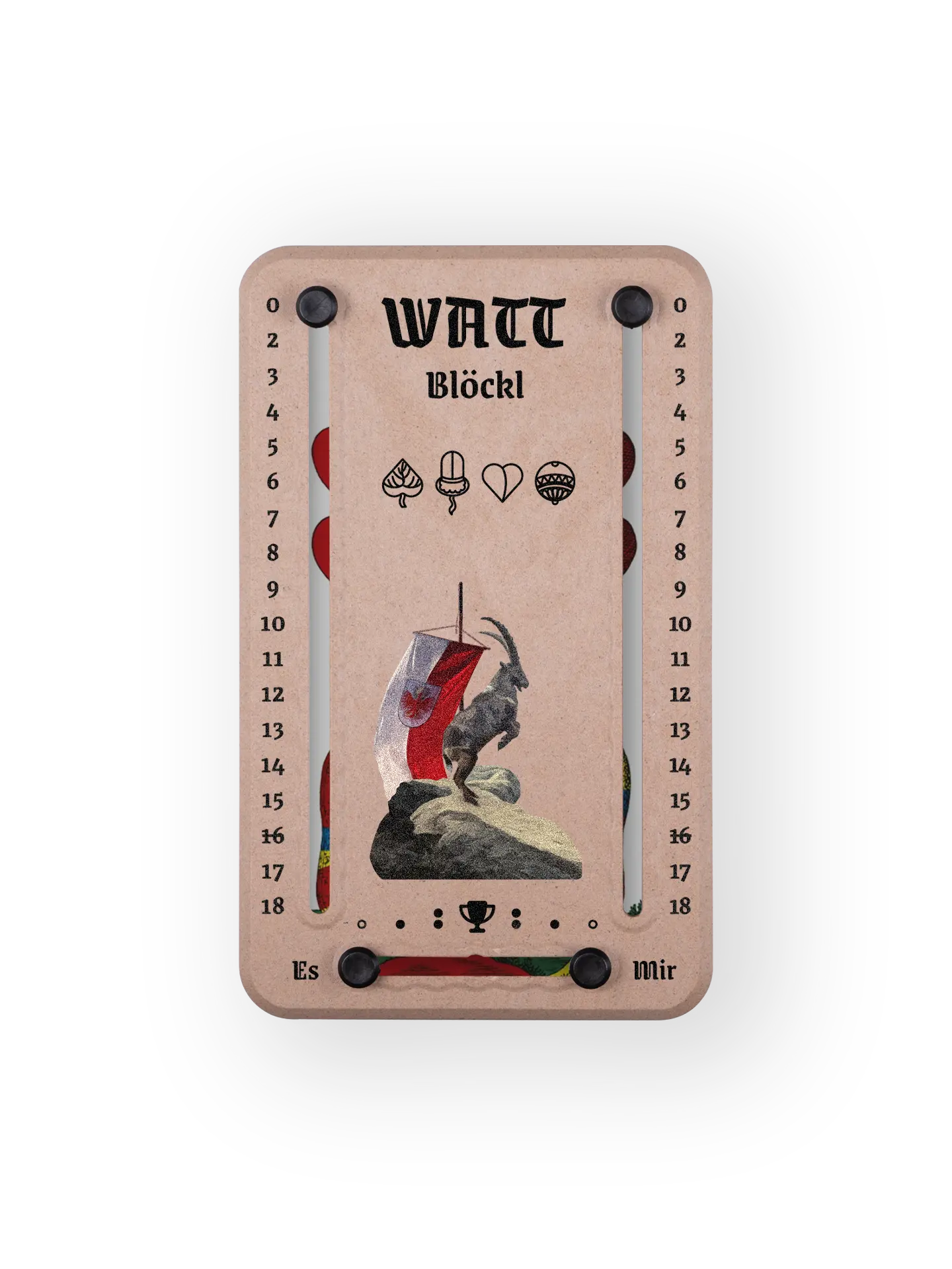 Wattblöckl bis 18 Punkte in Holzoptik und schwarzen Pins - mit Steinbock Motiv auf transparenten Hintergrund.