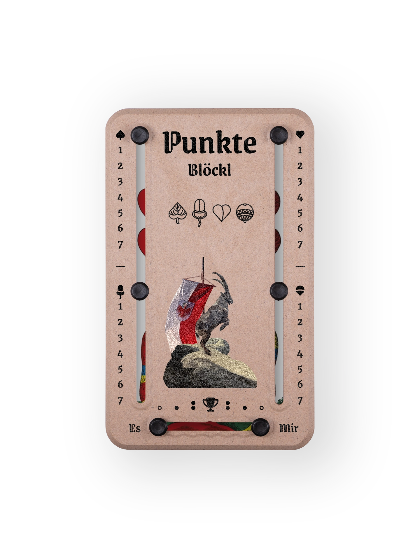 Punkteblöckl bis jeweils 7 Punkte in Holzoptik  und schwarzen Pins - mit Steinbock Motiv auf transparenten Hintergrund