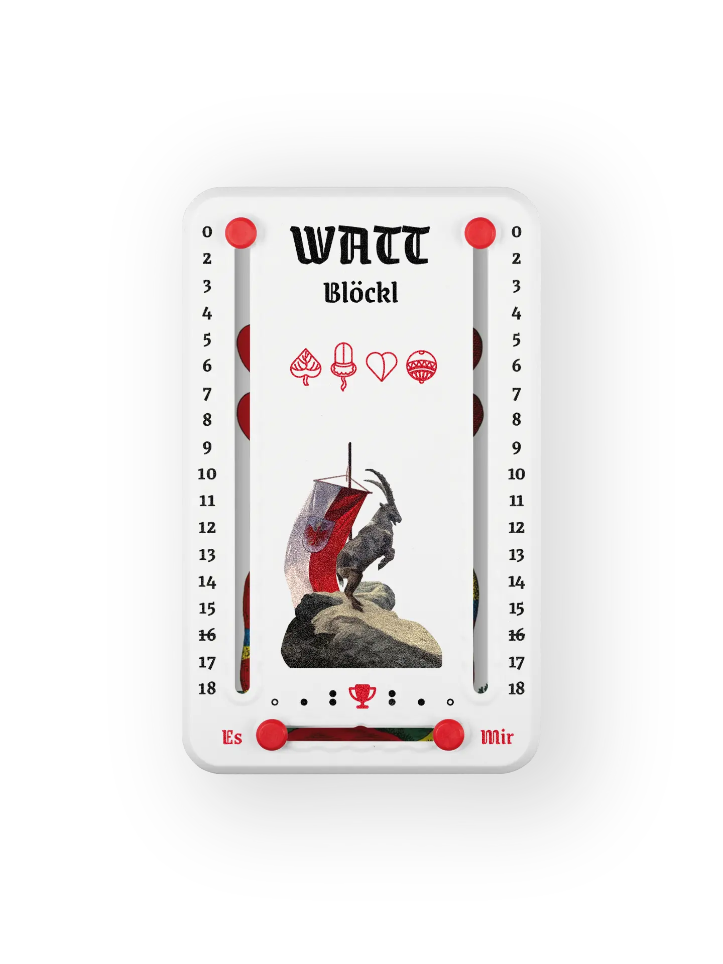 Wattblöckl bis 18 Punkte in Kunststoff weiß  und roten Pins - mit Steinbock Motiv auf transparenten Hintergrund.
