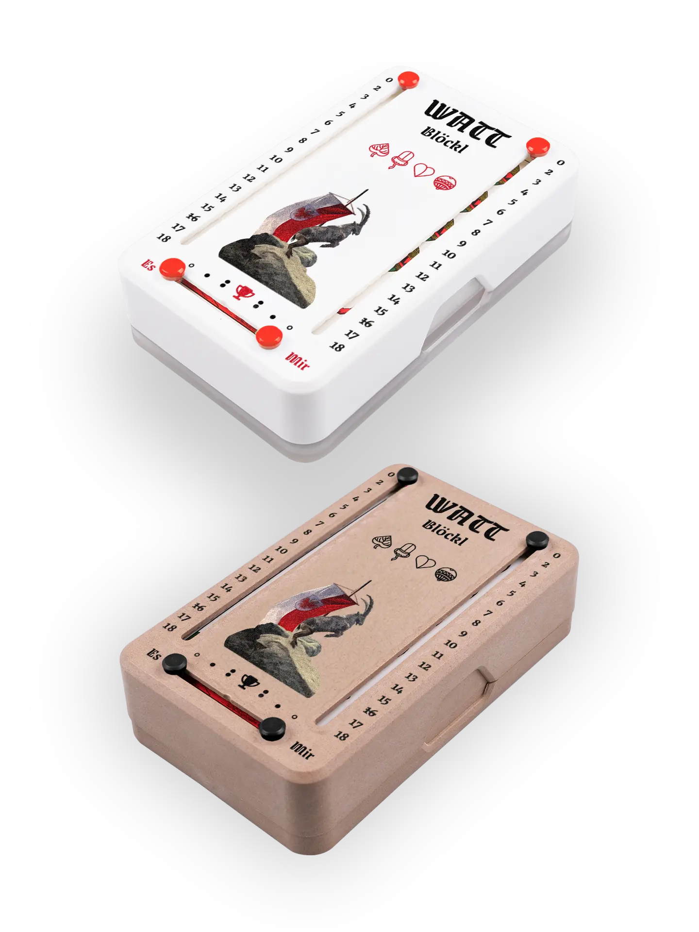 Zwei Wattblöckl (perspektivisch fotografiert) in Kunststoff weiß und Holzoptik mit Motiv Steinbock.