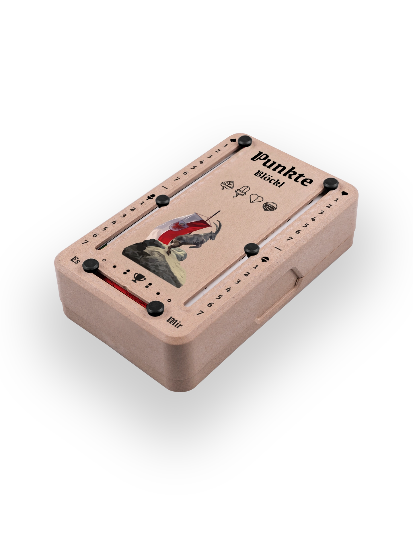 Punkteblöckl (perspektivisch fotografiert) in Holzoptik mit Motiv Steinbock.