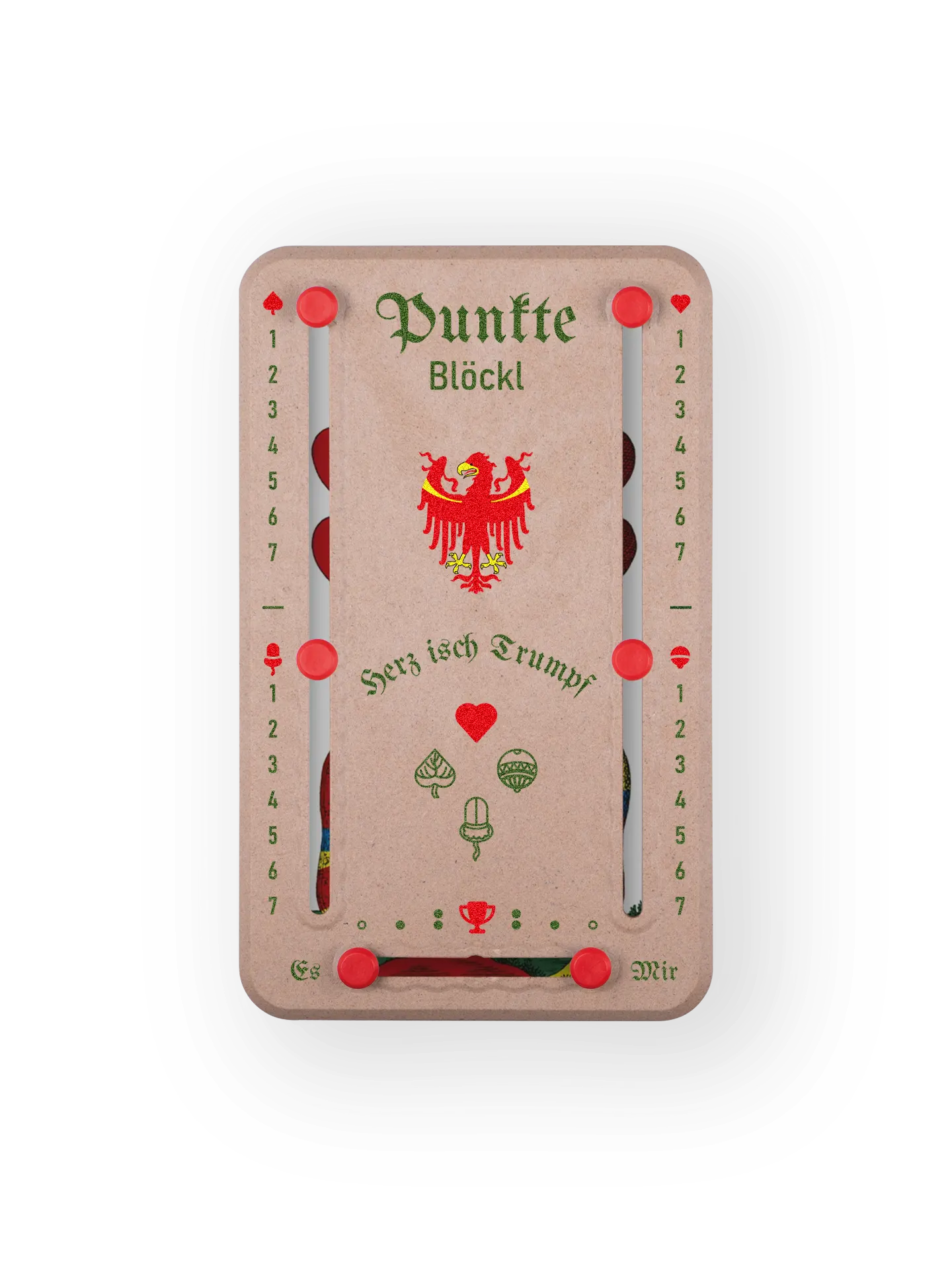 Punkteblöckl bis jeweils 7 Punkte in Holzoptik  und roten Pins - mit Suedtirol Motiv auf transparenten Hintergrund.