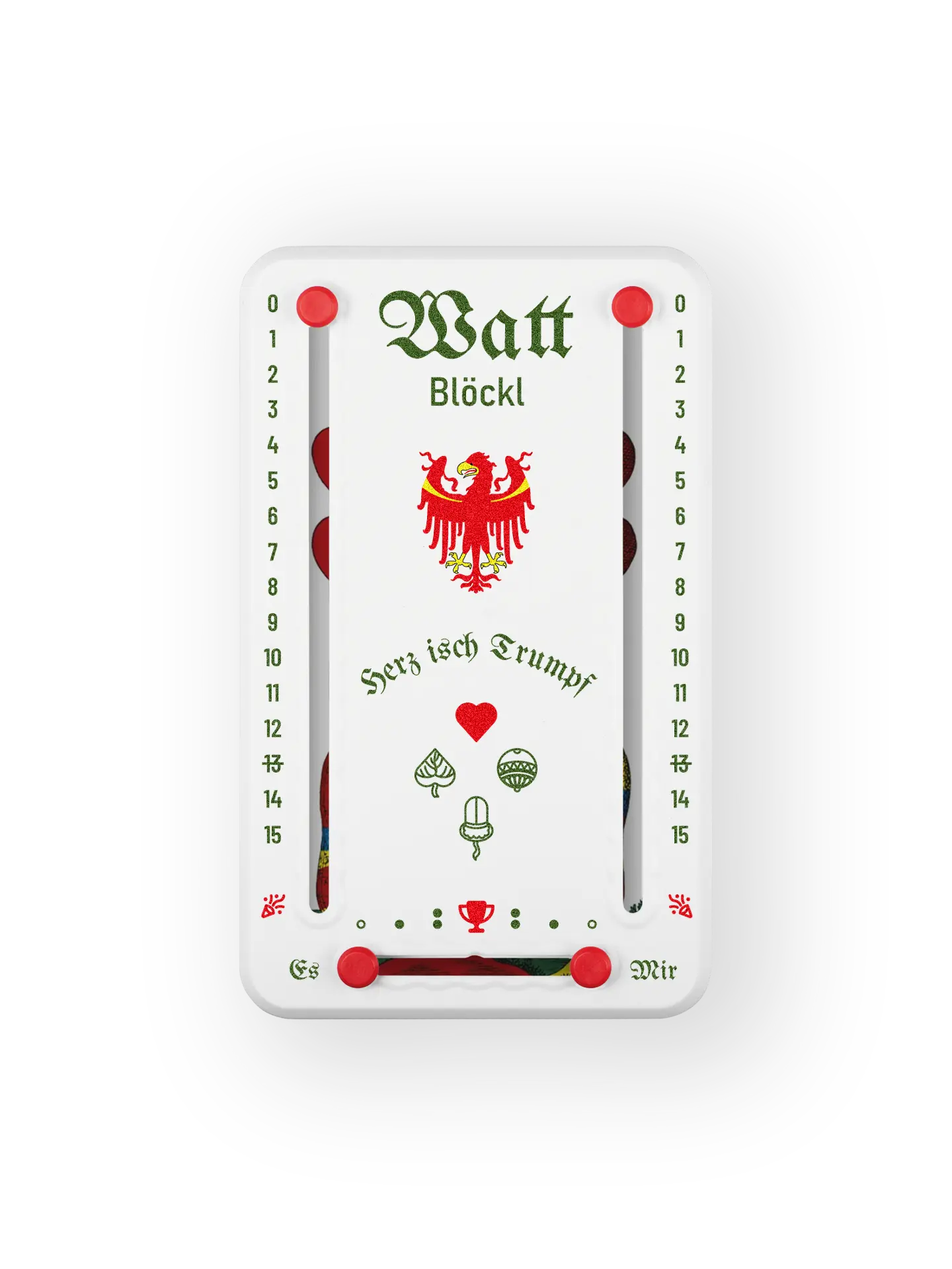 Wattblöckl bis 15 Punkte in Kunststoff weiß  und roten Pins - mit Suedtirol Motiv auf transparenten Hintergrund.