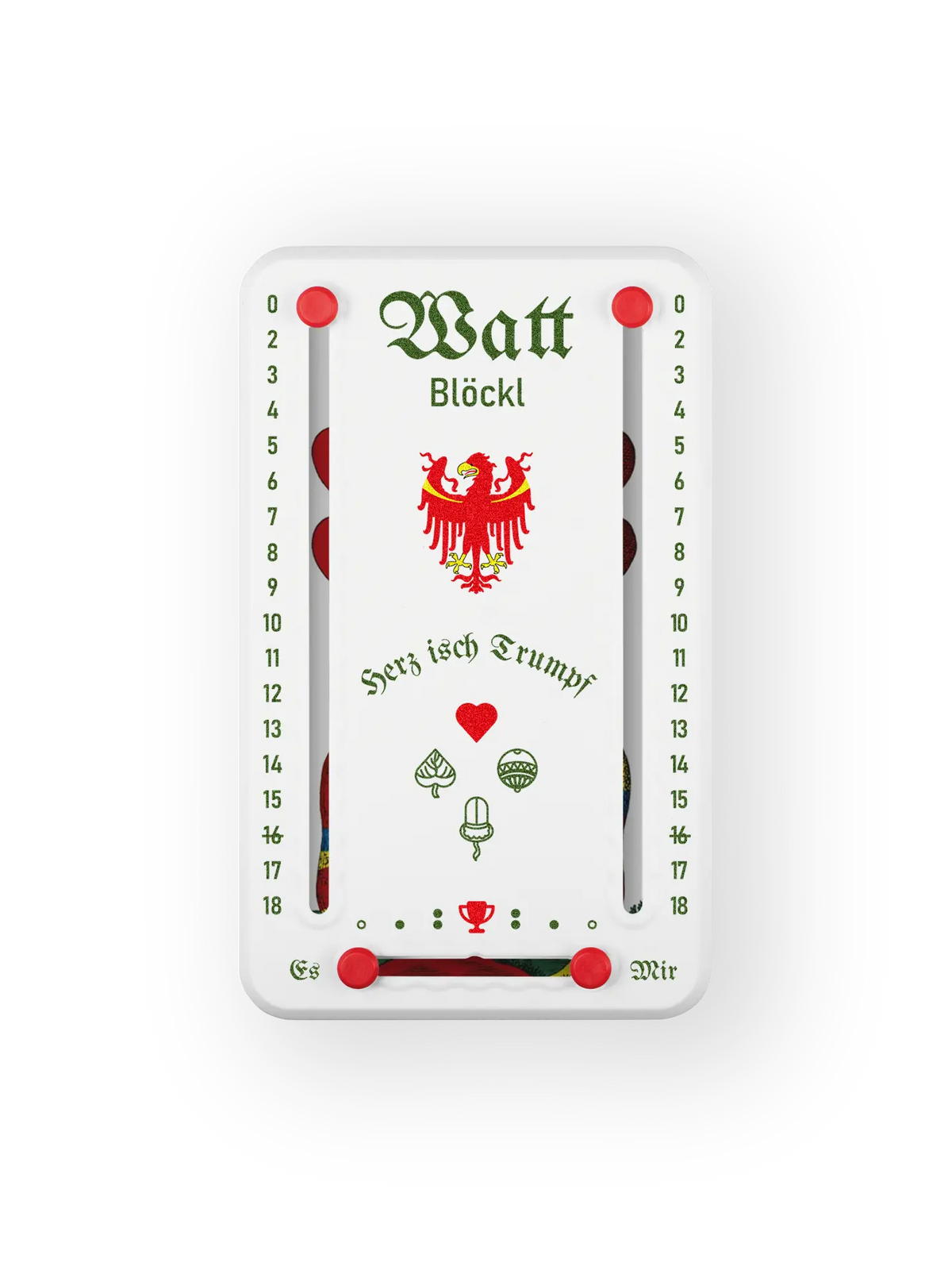 Wattblöckl bis 18 Punkte in Kunststoff weiß  und roten Pins - mit Suedtirol Motiv auf transparenten Hintergrund.