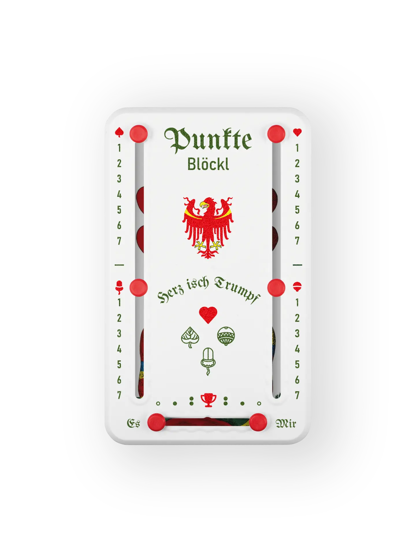 Punkteblöckl bis jeweils 7 Punkte in Kunststoff weiß  und roten Pins - mit Suedtirol Motiv auf transparenten Hintergrund.