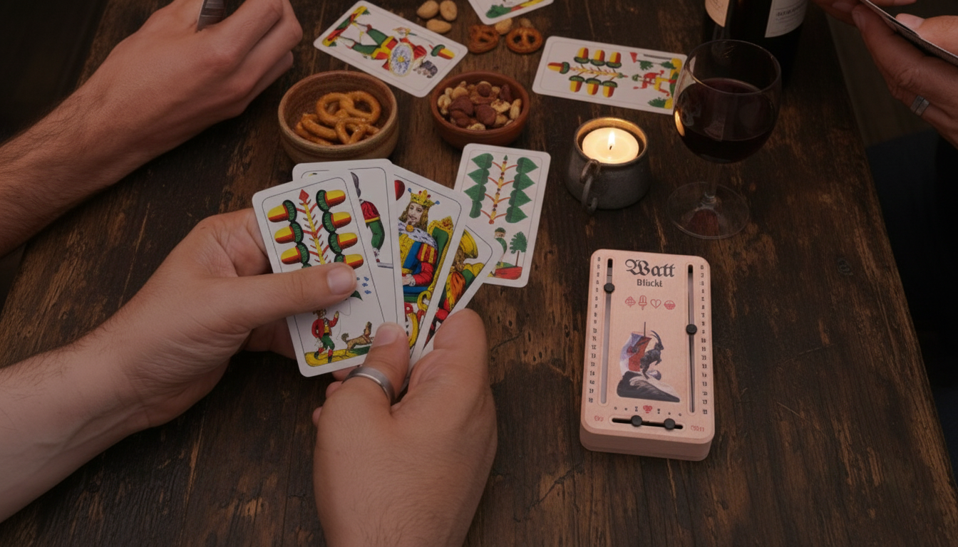 Menschen spielen mit Wattblöckl in Holzoptik auf einem Tisch und haben Spaß.