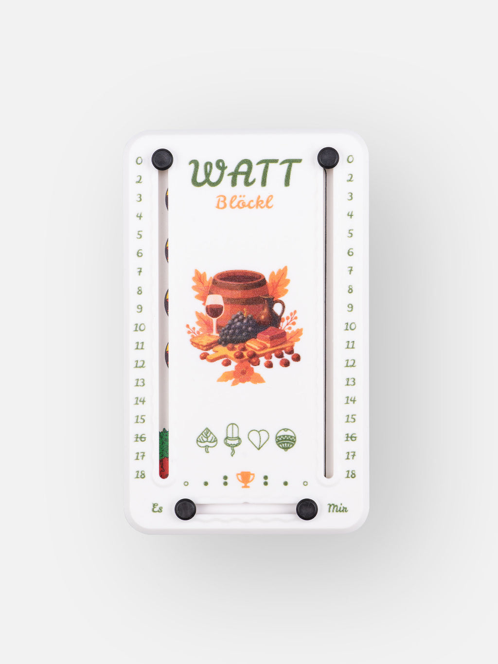 Wattblöckl aus weißem Kunststoff und schwarzen Pins - mit Törggelen Motiv auf grauen Hintergrund.