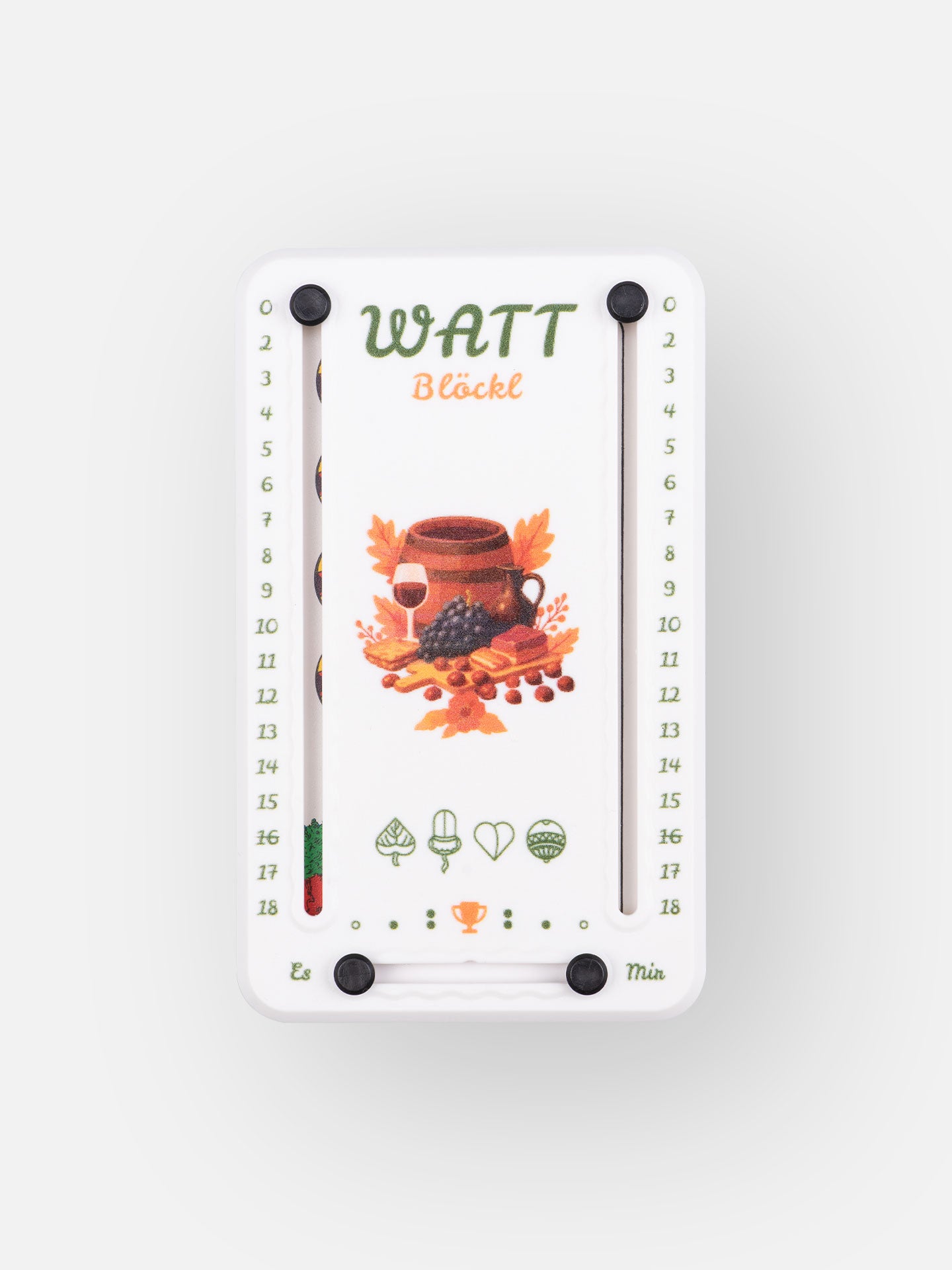 Wattblöckl aus weißem Kunststoff und schwarzen Pins - mit Törggelen Motiv auf grauen Hintergrund.