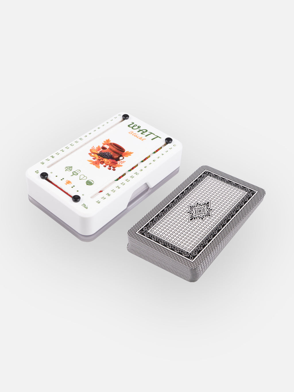 Wattblöckl aus weißem Kunststoff und schwarzen Pins mit Törggelen Motiv und Salzburger Spielkarten.