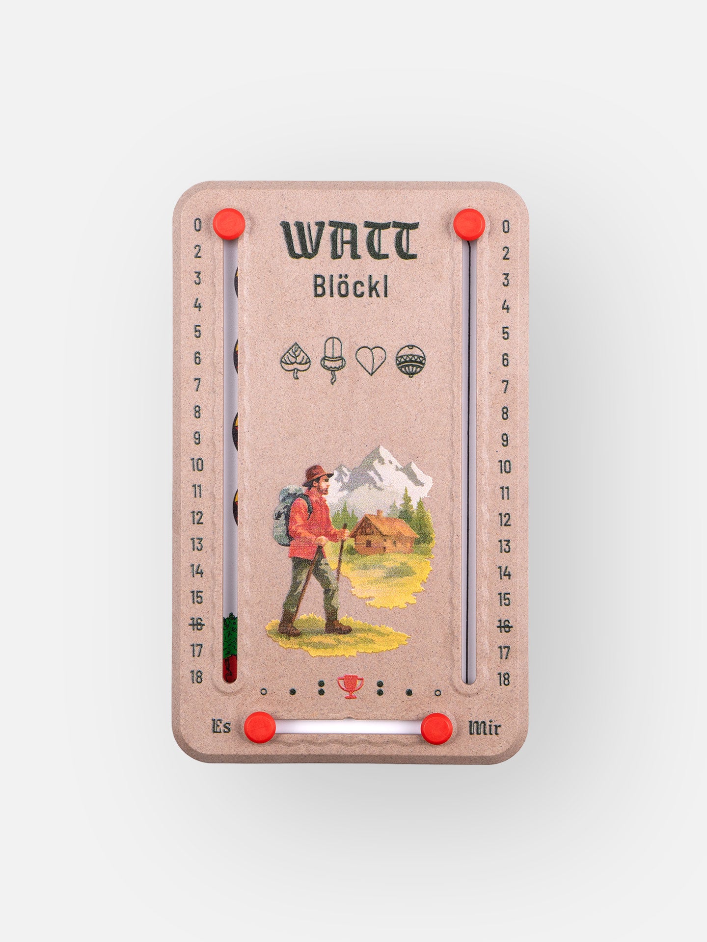 Wattblöckl in Holzoptik und roten Pins - mit Wanderer Motiv auf grauen Hintergrund.