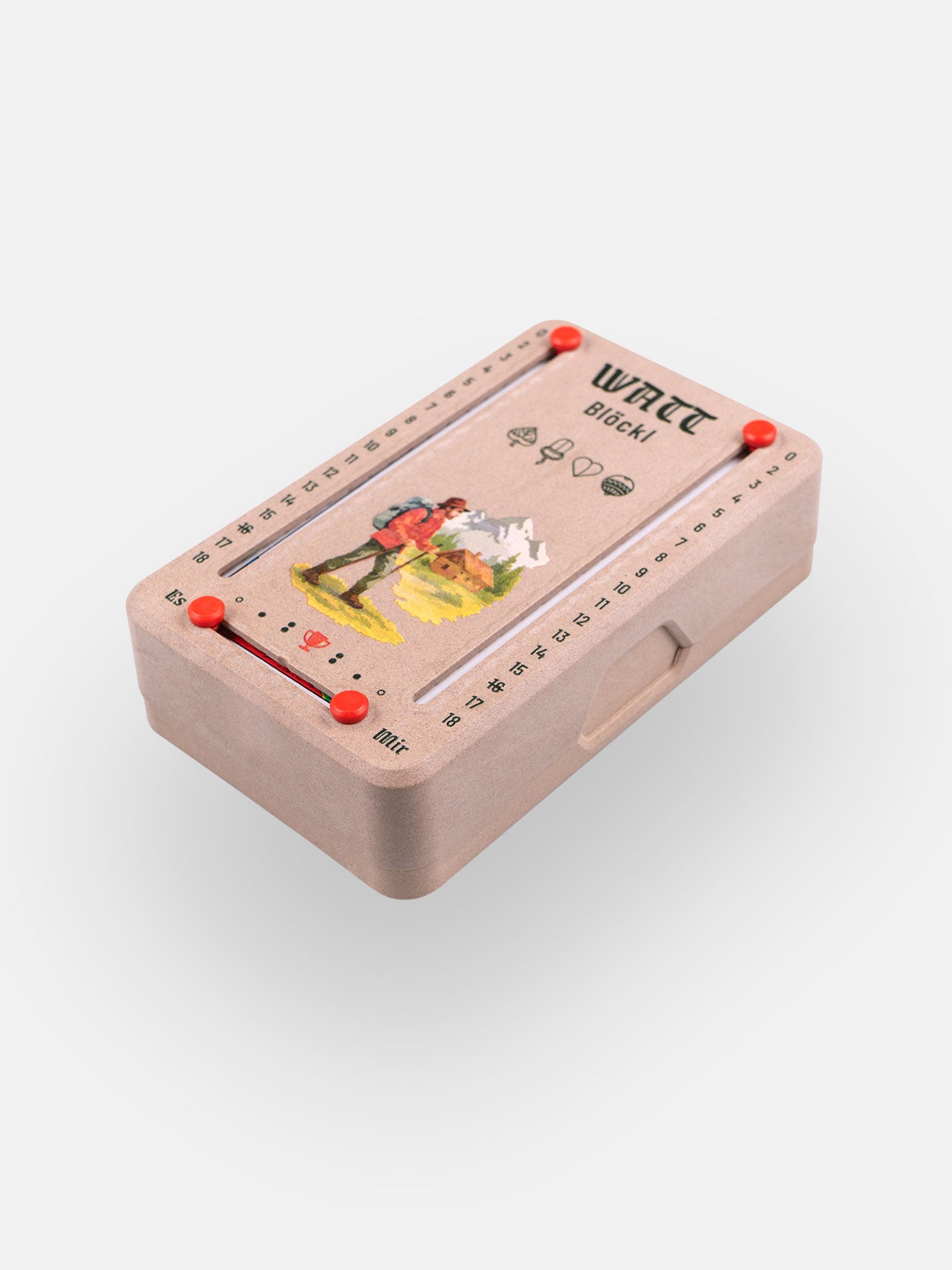 Wattblöckl (perspektivisch fotografiert) in Holzoptik mit Motiv Wanderer.