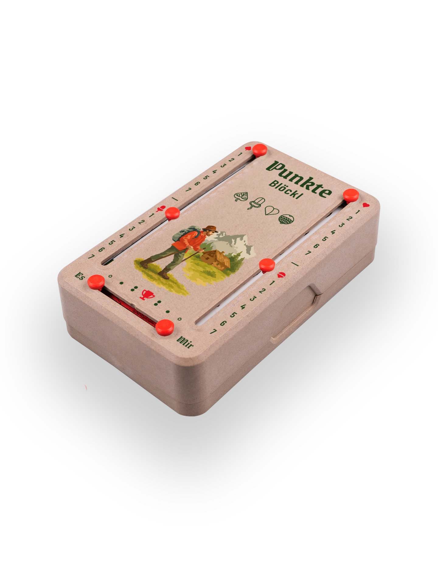 Punkteblöckl (perspektivisch fotografiert) in Holzoptik mit Motiv Wanderer.