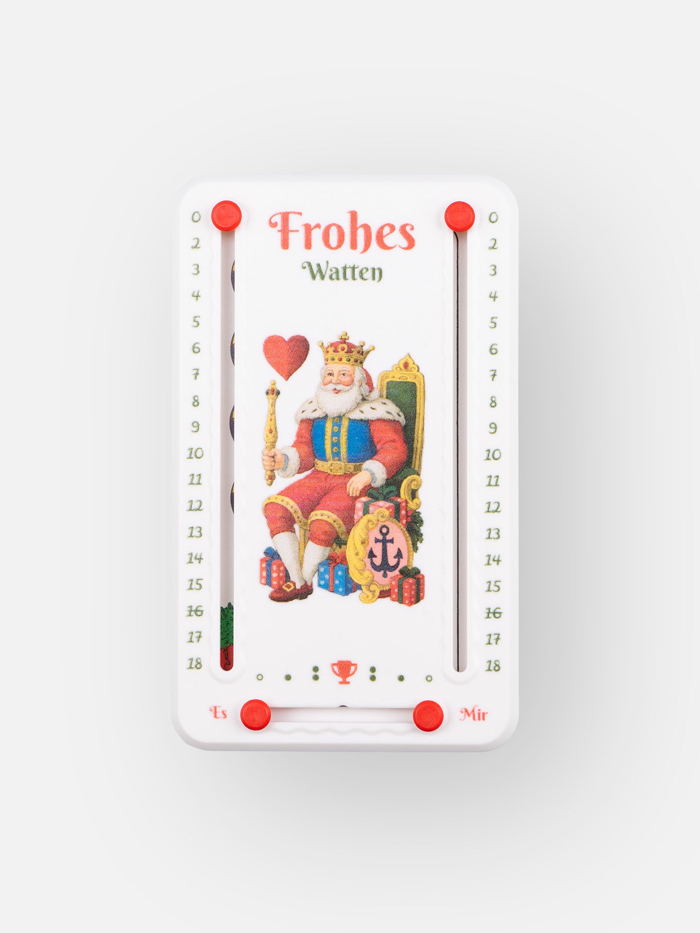 Wattblöckl aus weißem Kunststoff und roten Pins - mit Watten Kining Motiv auf grauen Hintergrund. 