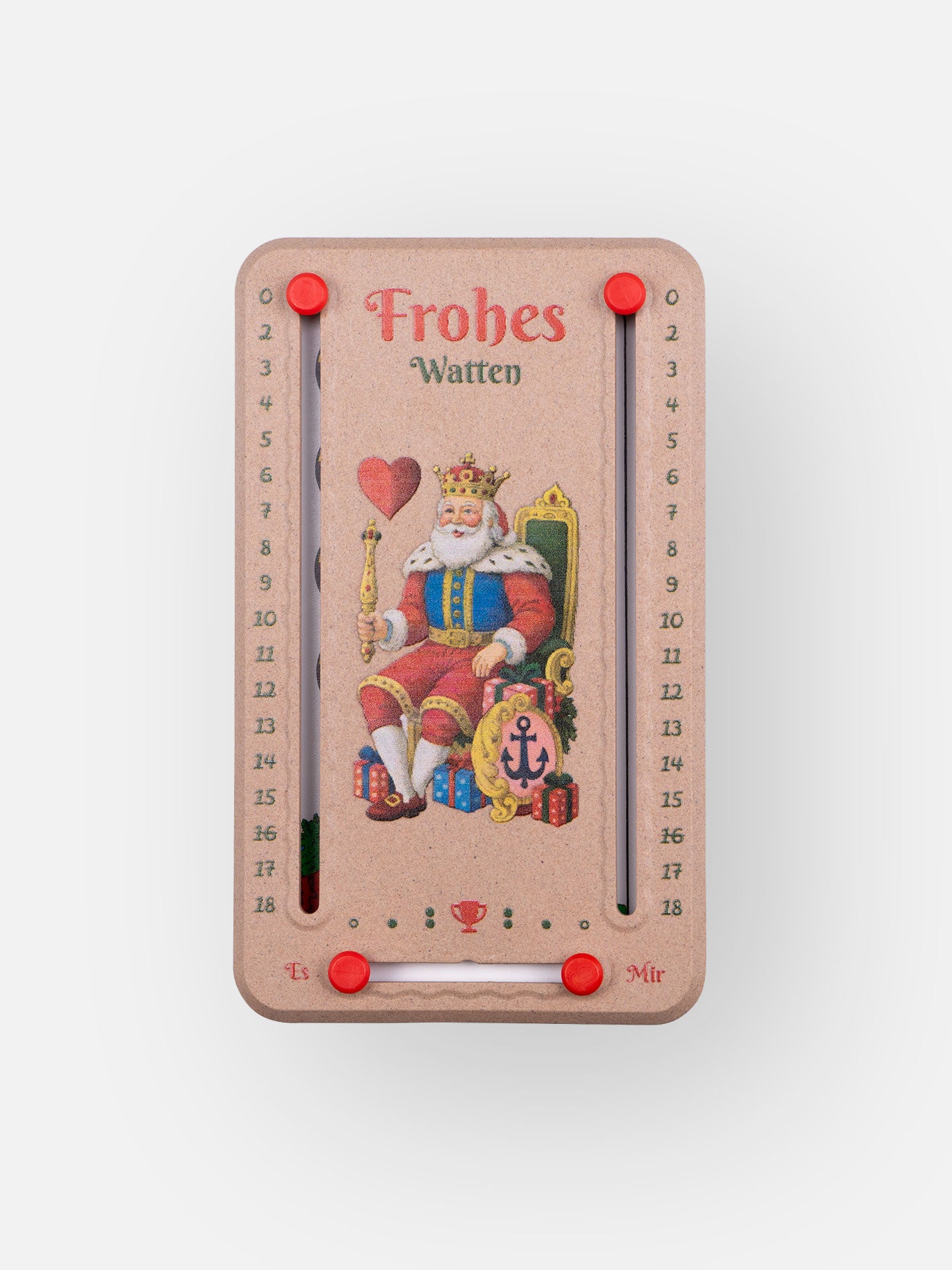 Personalisiertes Wattblöckl in Holzoptik  und roten Pins - mit Watten Kinig Motiv auf grauen Hintergrund. 