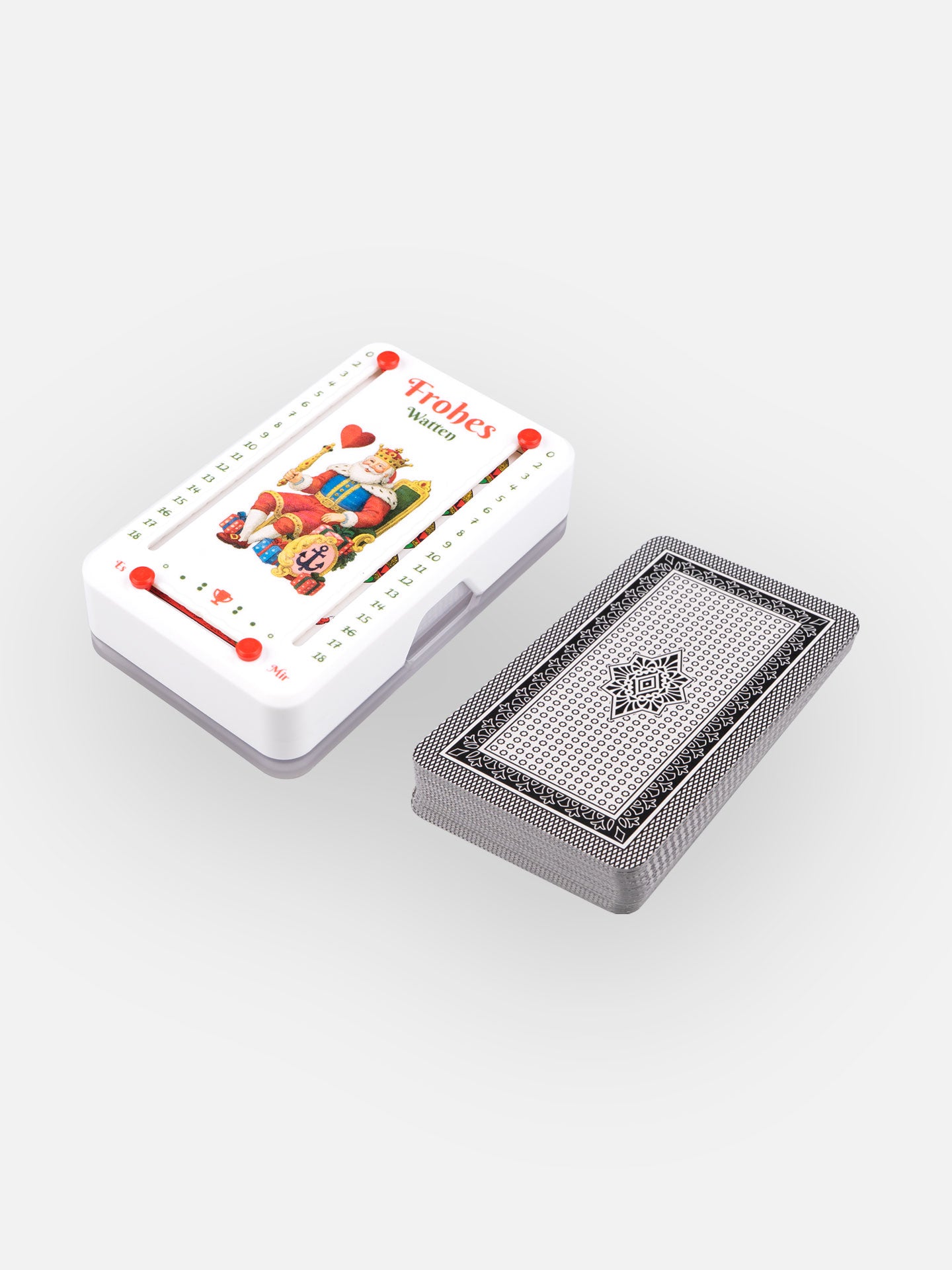 Wattblöckl aus weißem Kunststoff und roten Pins mit Wattenbaum Motiv und Salzburger Spielkarten.