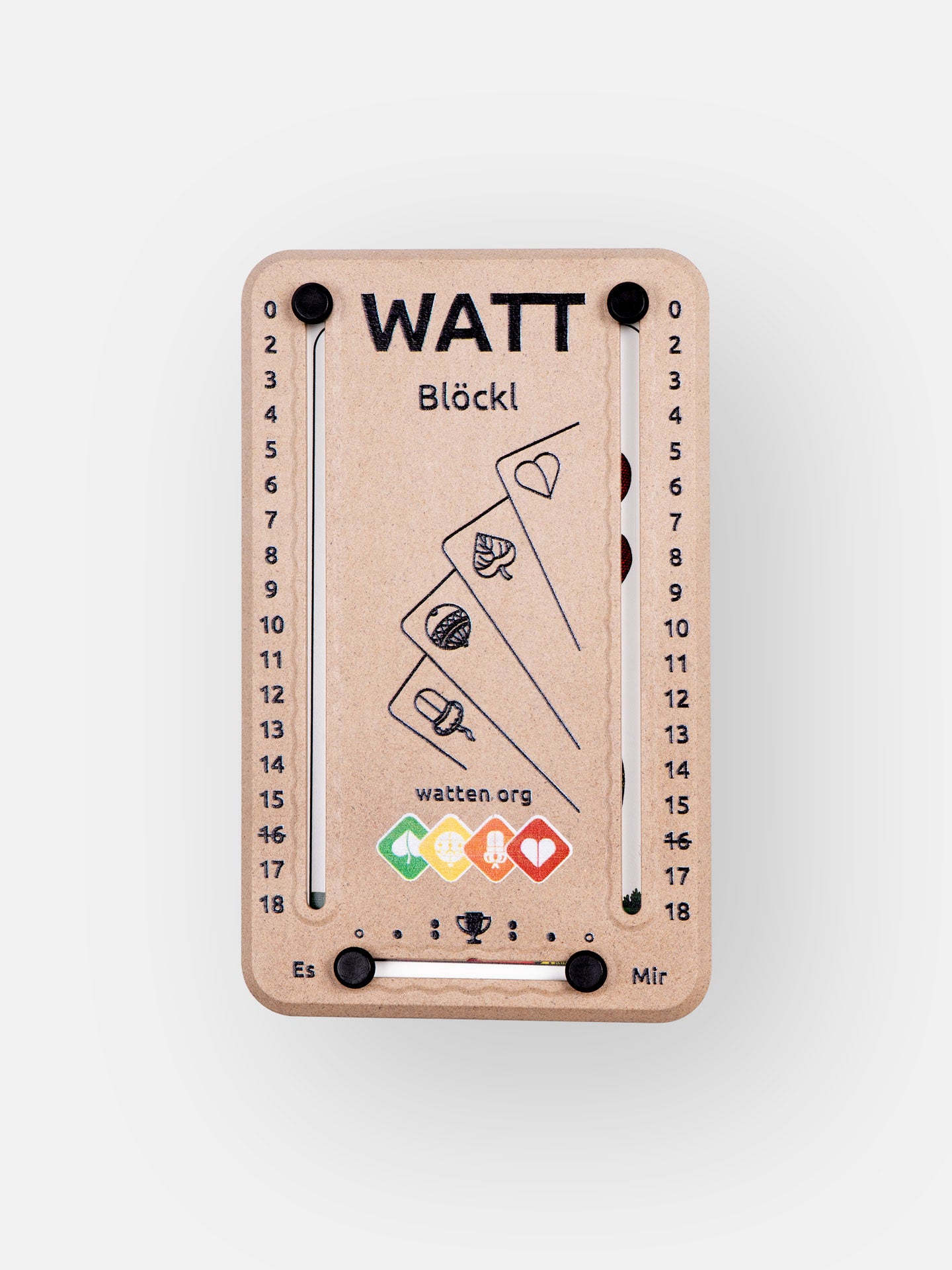 Wattblöckl in Holzoptik und schwarzen Pins - mit Motiv watten.org, Produkt auf grauen Hintergrund.