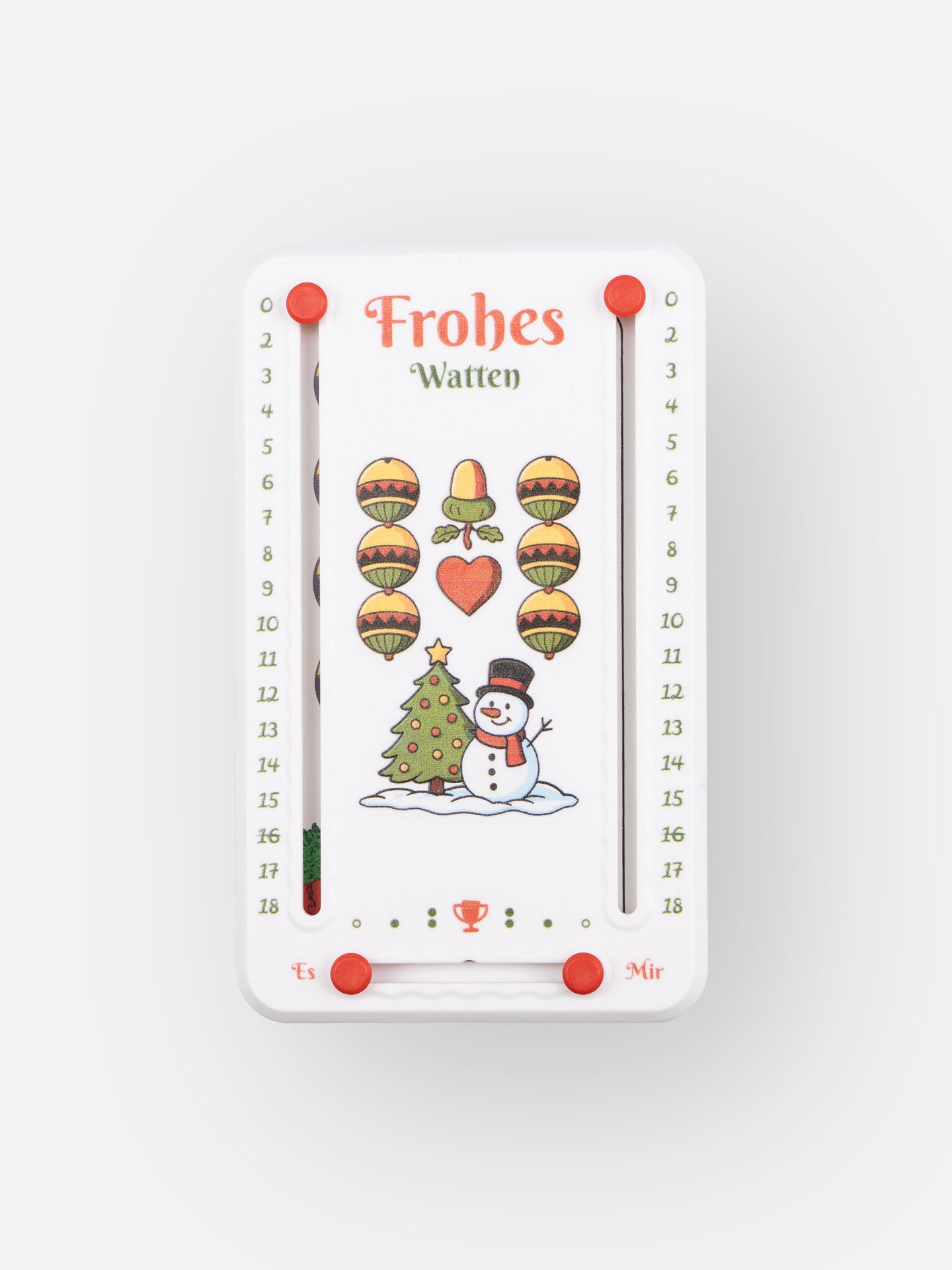 Wattblöckl aus weißem Kunststoff und roten Pins - mit Watten Weli Motiv auf grauen Hintergrund. 