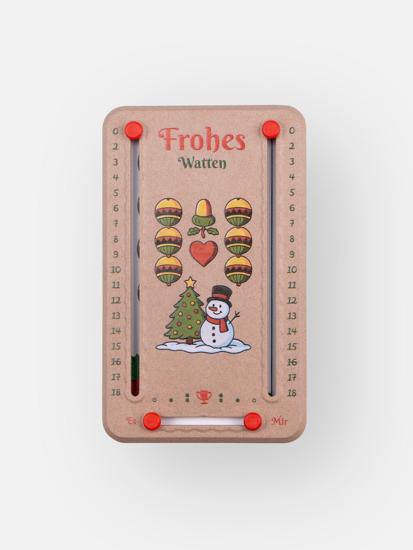 Wattblöckl in Holzoptik und roten Pins und Motiv Watten Weli auf grauen Hintergrund. 