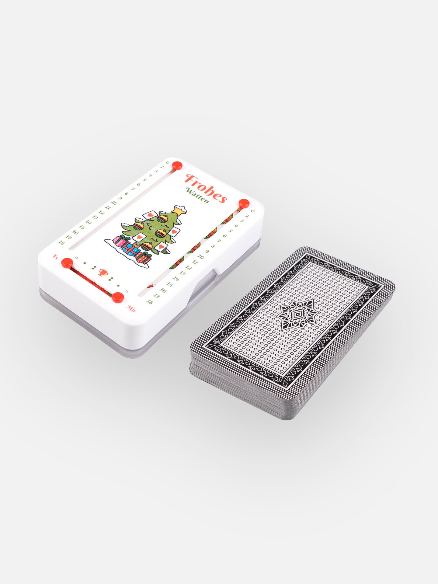 Wattblöckl aus weißem Kunststoff und roten Pins mit Wattenbaum Motiv und Salzburger Spielkarten.