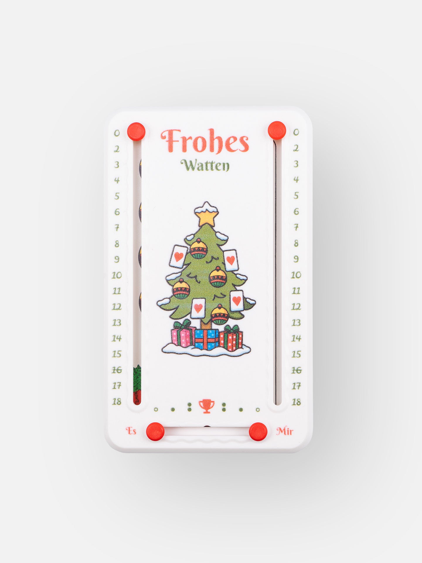 Wattblöckl aus weißem Kunststoff und roten Pins - mit Wattenbaum Motiv auf grauen Hintergrund. 