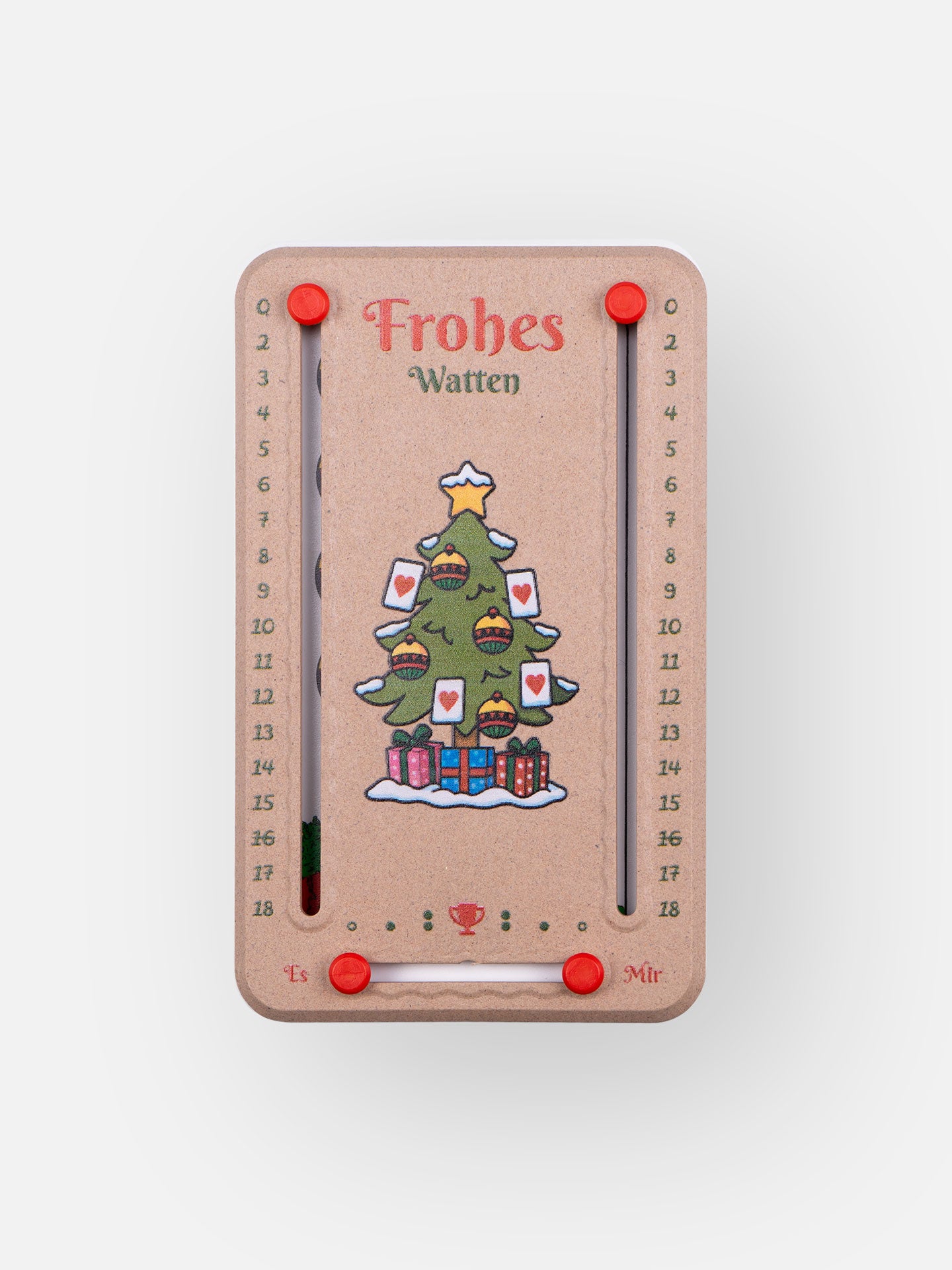 Wattblöckl in Holzoptik und roten Pins und Motiv Wattenbaum auf grauen Hintergrund. 