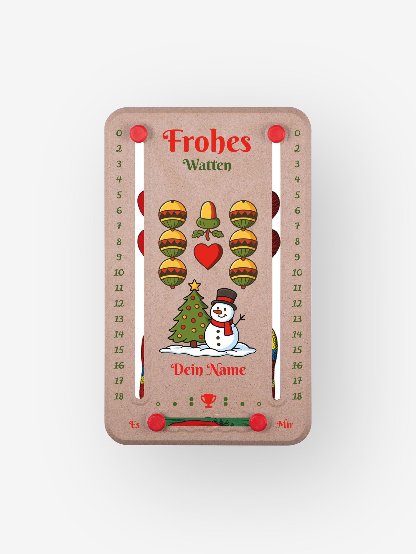 Personalisiertes Wattblöckl in Holzoptik  und roten Pins - mit Watten Weli Motiv auf grauen Hintergrund. 